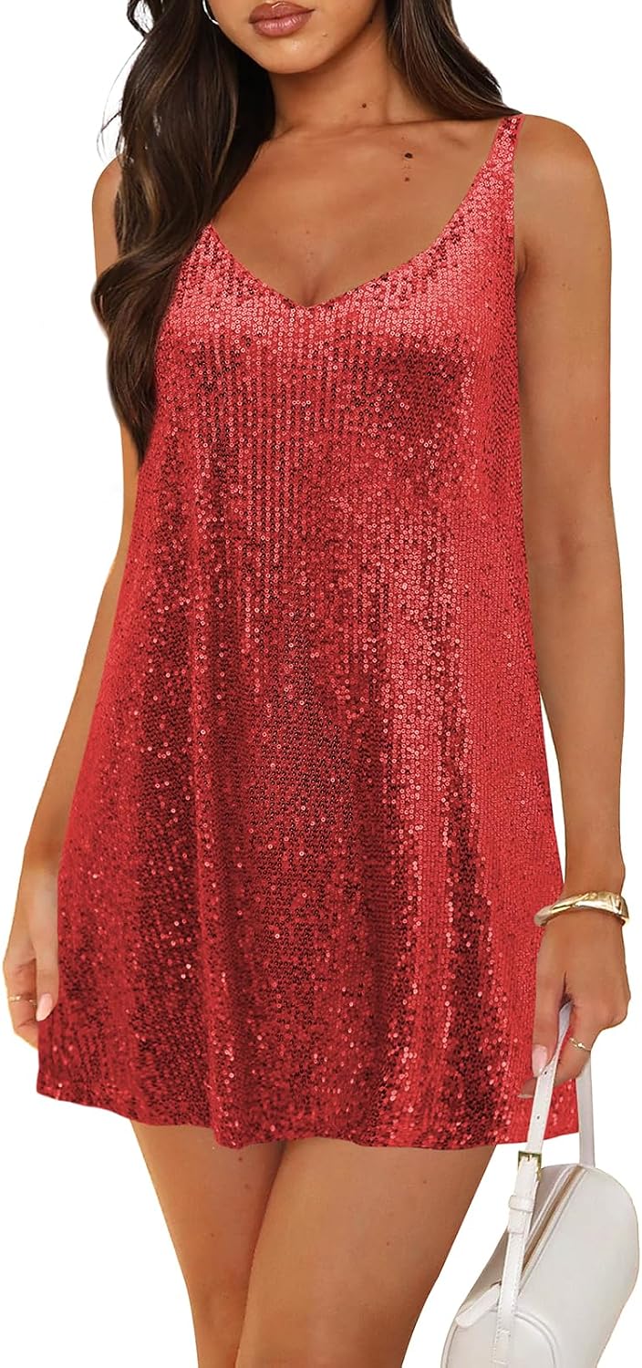 Pungdra Sequin Dress for Women Shift Sparkly Mini Dresses | V Neck,Backless,Loose,Sleeveless,Glitter Shift Dress,Sexy,Club Party Night Out Cocktail Disco Short Dresses.