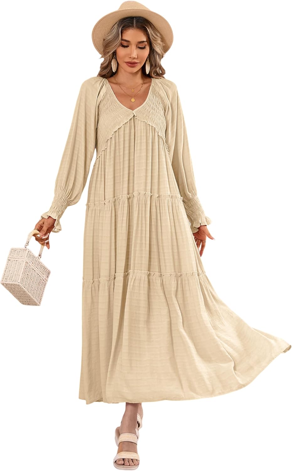 R.Vivimos Long Sleeve V Neck Flowy Maxi Dresses for Women | Lightweight Fabric, Empire Waist, Layered Ruffle Hem, Boho Casual Long Dress, Daily Wear, Beach Vacation Clothes