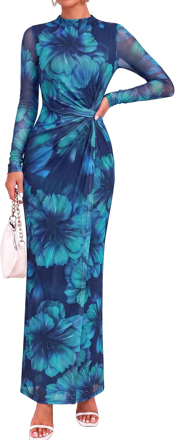 BTFBM Womens Sheer Mesh Maxi Fall Wedding Guest Dress Fashion Clothing 2026 | Mock Neck, Floral, Long Sleeve, Tropical, Ruched, Twist Knot, Wrap Hem, Graduation, Baby Shower, Long Formal Cocktail Dresses