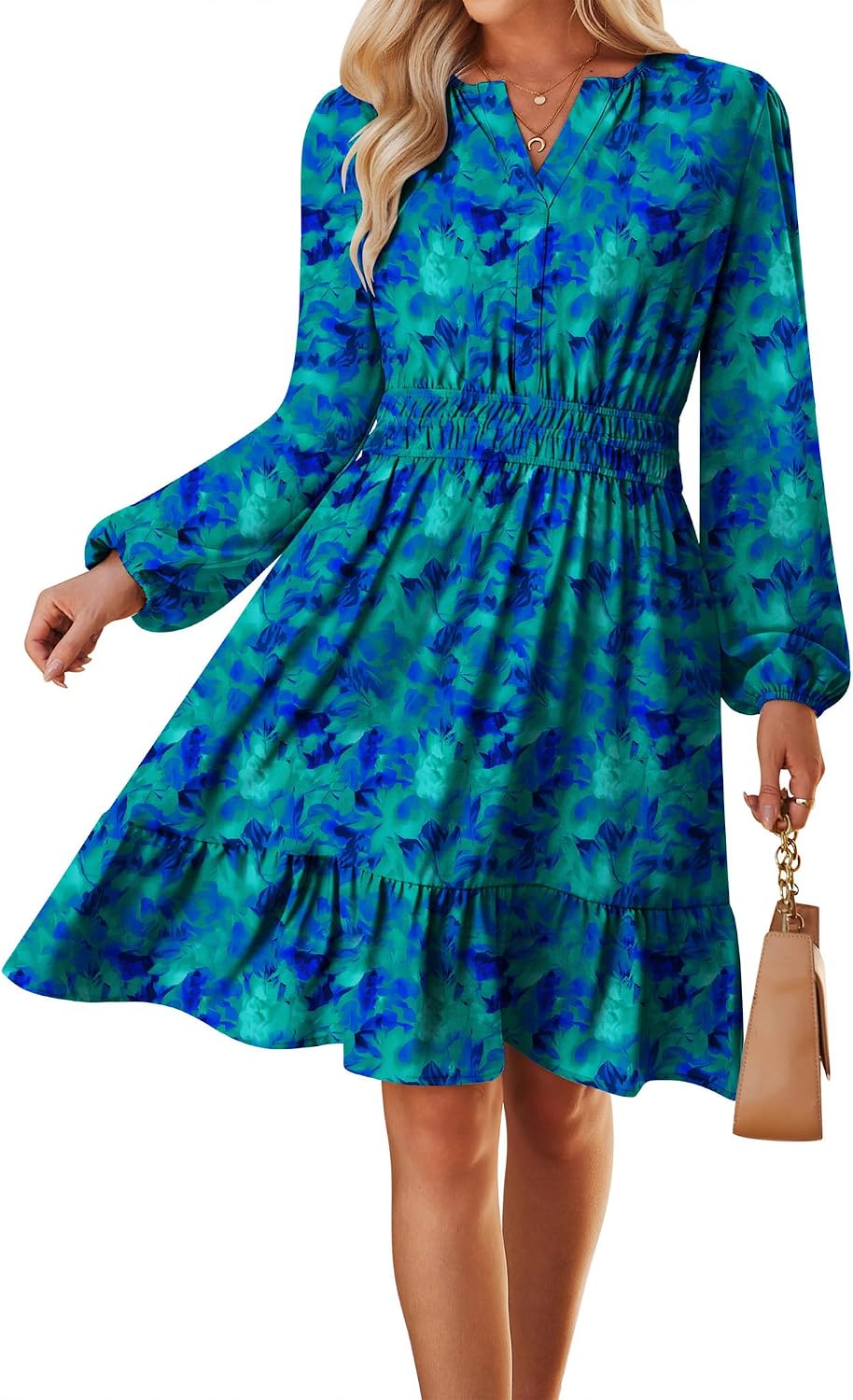 GRACE KARIN Women's V-Neck A-Line Knee Length Dress with Pockets | Smocked Waist for Tummy Control, Breathable Opaque Fabric, Hidden Side Pockets, Versatile for Work\/Weddings