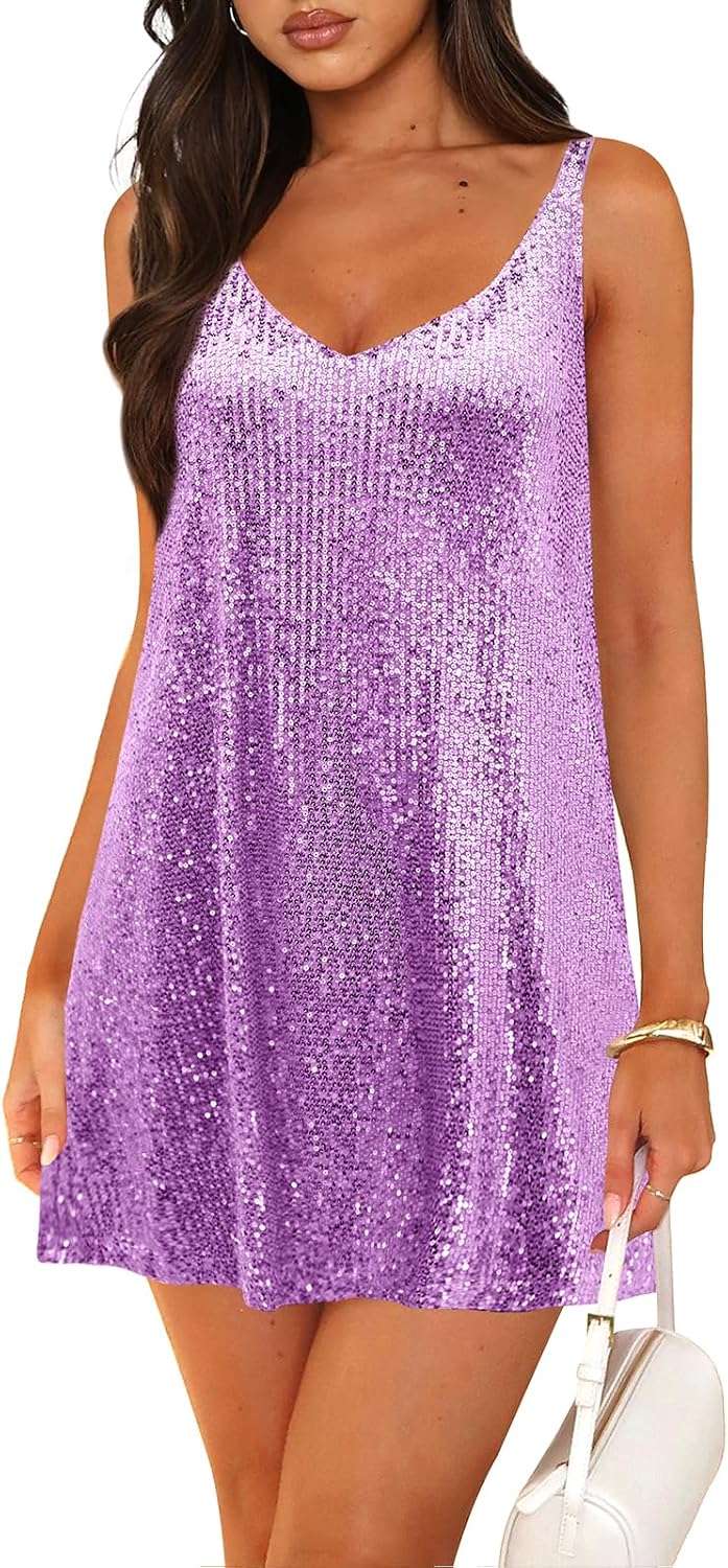 Pungdra Sequin Dress for Women Shift Sparkly Mini Dresses | V Neck,Backless,Loose,Sleeveless,Glitter Shift Dress,Sexy,Club Party Night Out Cocktail Disco Short Dresses.