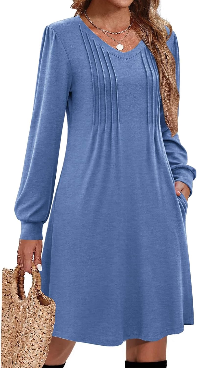 Zeagoo Fall Dresses for Women Long Sleeve Casual Pleated V Neck Dress 2026 A Line Tunic Dress