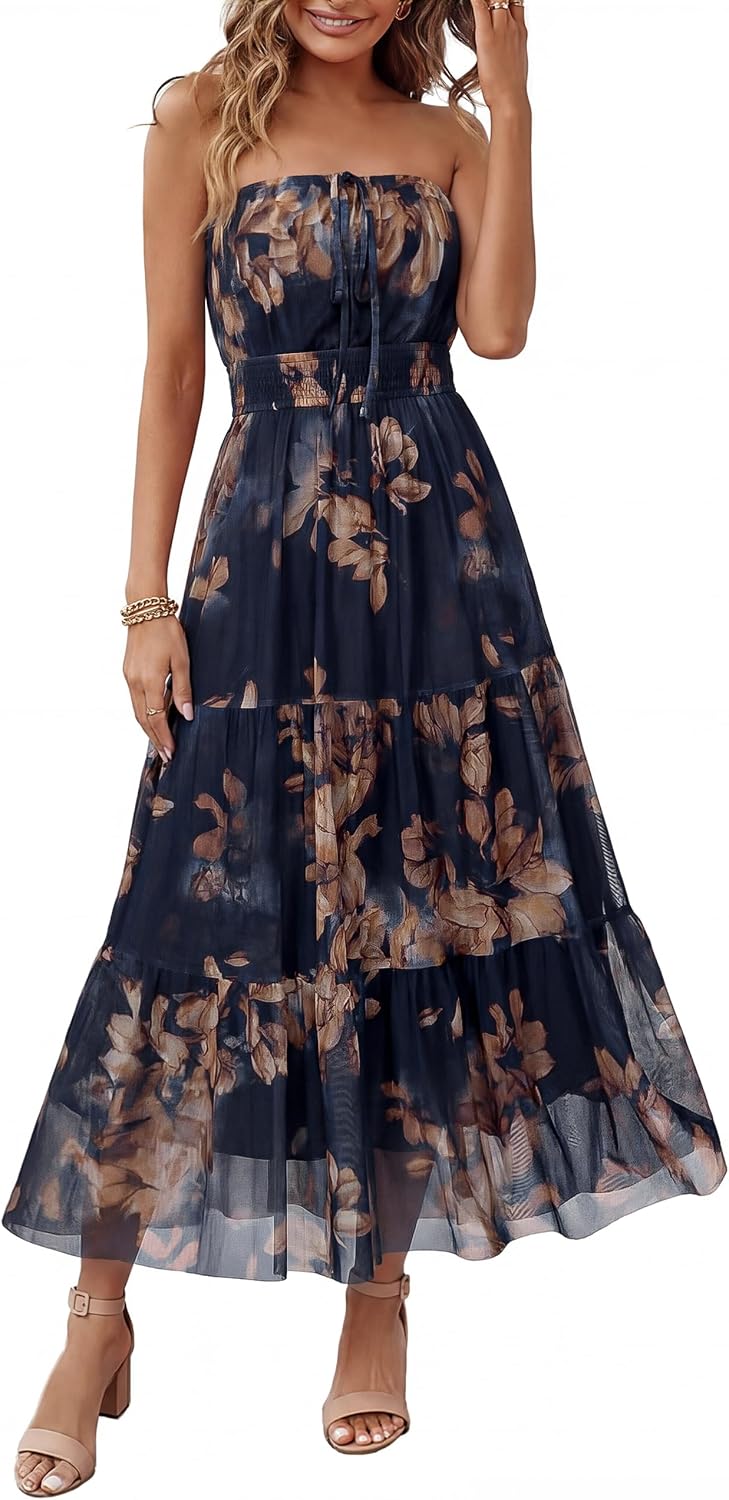 Simplee Women's Summer Maxi Dresses 2026 Elegant Strapless Boho Floral Mesh Vacation Beach Dress Wedding Guest Dresses