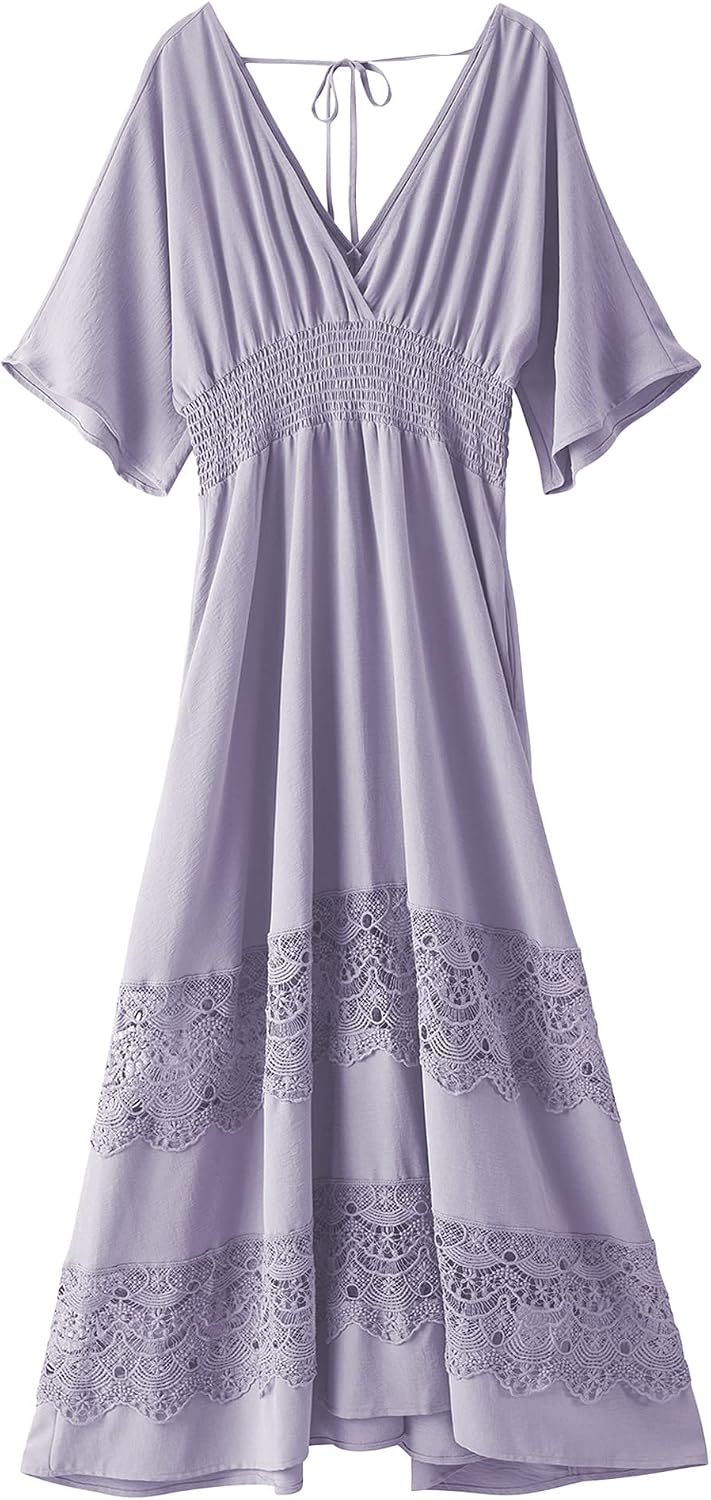 Olaesa Boho Maxi Dress V Neck Short Sleeve Lace Smocked Waist Flowy Dress | Wedding Guest Dress with Pockets, Summer Bohemian Vacation Dress, Elegant Party Dress for Family photo& Baby Shower