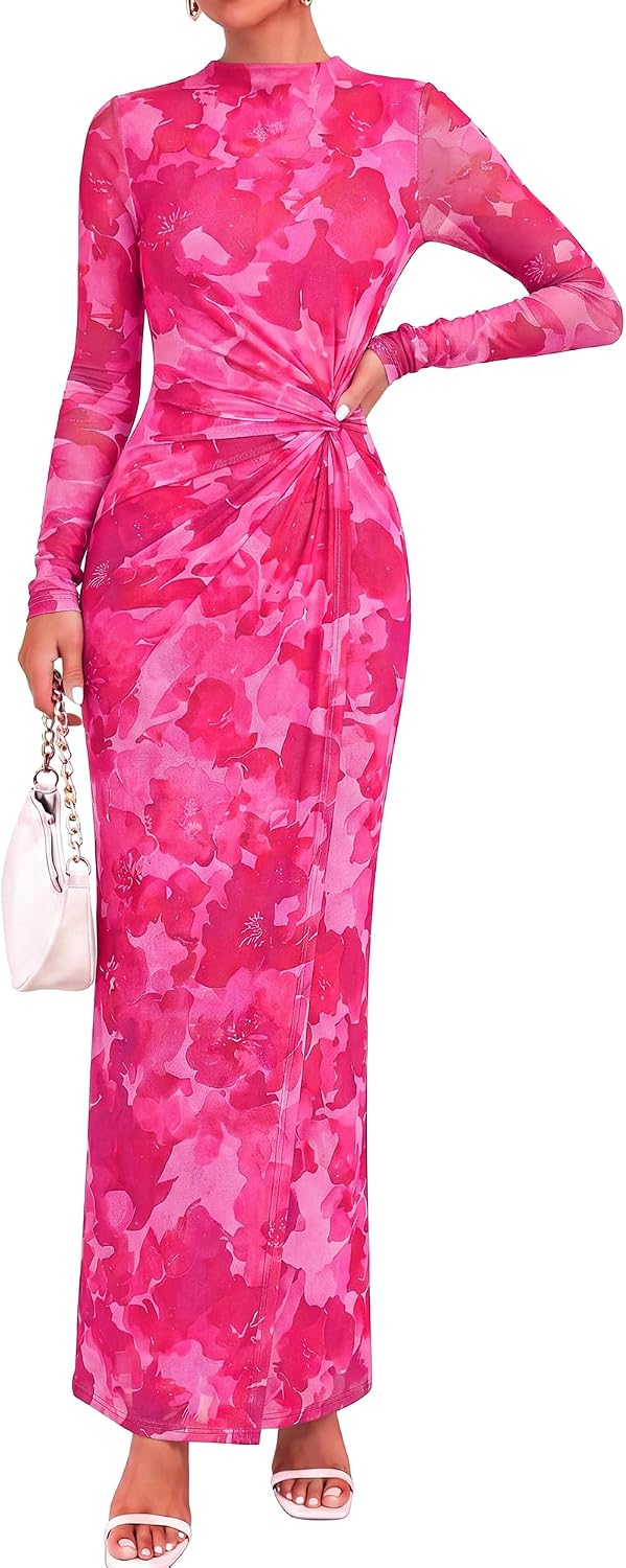BTFBM Womens Sheer Mesh Maxi Fall Wedding Guest Dress Fashion Clothing 2026 | Mock Neck, Floral, Long Sleeve, Tropical, Ruched, Twist Knot, Wrap Hem, Graduation, Baby Shower, Long Formal Cocktail Dresses
