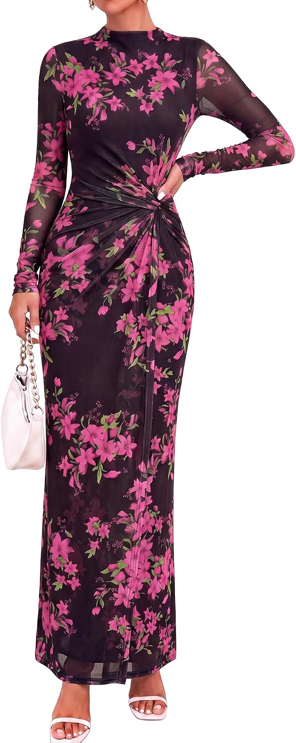 BTFBM Womens Sheer Mesh Maxi Fall Wedding Guest Dress Fashion Clothing 2026 | Mock Neck, Floral, Long Sleeve, Tropical, Ruched, Twist Knot, Wrap Hem, Graduation, Baby Shower, Long Formal Cocktail Dresses