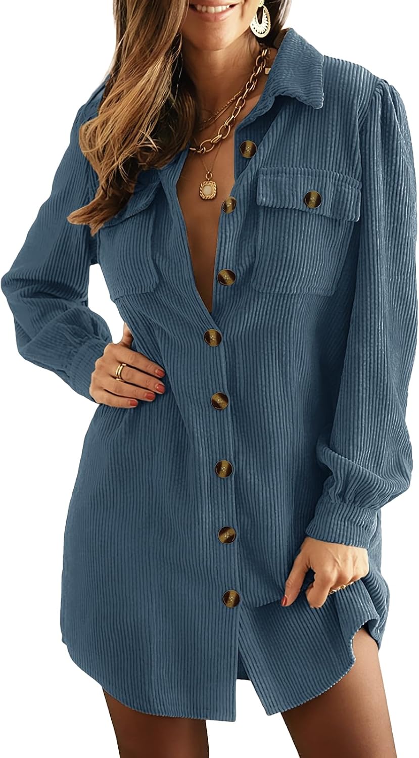 Alaster Queen Women's Corduroy Long Sleeve Button Work Tunic Short Dresses | Lapel V Neck Dress,Corduroy Fabric,Two Patch Pockets and Slant Pockets,Daily Wear,Outdoor,2026 Trendy Fall Winter Clothes