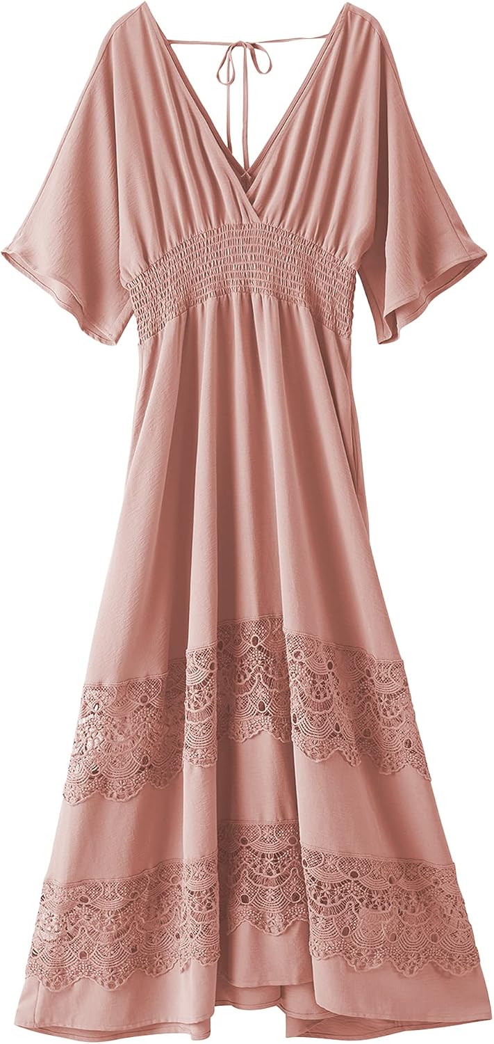 Olaesa Boho Maxi Dress V Neck Short Sleeve Lace Smocked Waist Flowy Dress | Wedding Guest Dress with Pockets, Summer Bohemian Vacation Dress, Elegant Party Dress for Family photo& Baby Shower