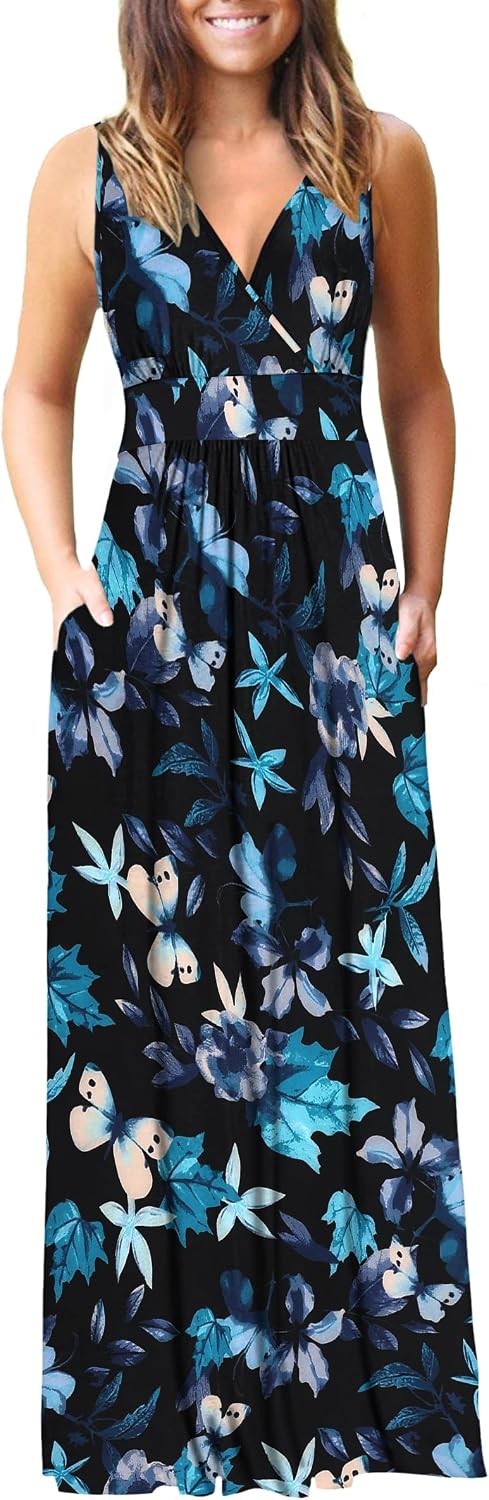 AUSELILY Maxi Dresses for Women Summer Casual Sleeveless V Neck Wrap Dress | Sleeveless Long maxi dress with wrap V neck & side pockets, for formal cocktail, beach & casual daily wear