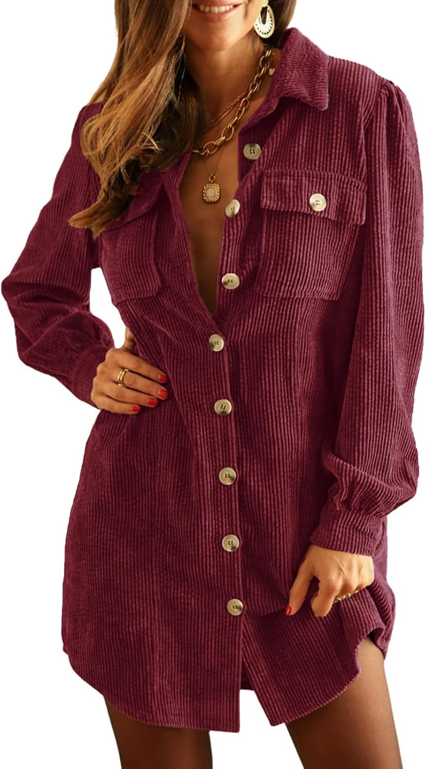 Alaster Queen Women's Corduroy Long Sleeve Button Work Tunic Short Dresses | Lapel V Neck Dress,Corduroy Fabric,Two Patch Pockets and Slant Pockets,Daily Wear,Outdoor,2026 Trendy Fall Winter Clothes