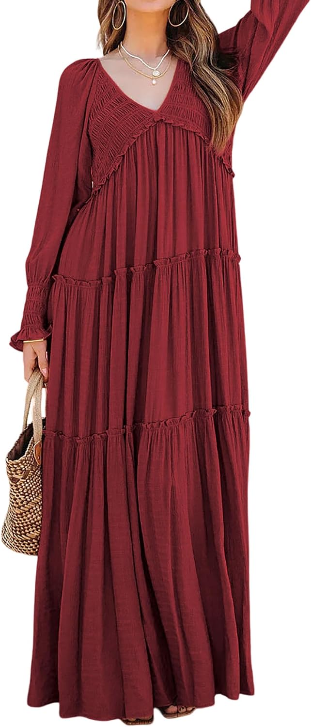 R.Vivimos Long Sleeve V Neck Flowy Maxi Dresses for Women | Lightweight Fabric, Empire Waist, Layered Ruffle Hem, Boho Casual Long Dress, Daily Wear, Beach Vacation Clothes