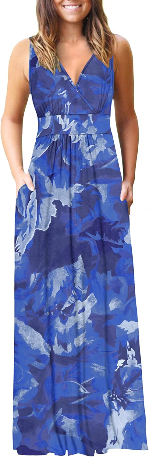 AUSELILY Maxi Dresses for Women Summer Casual Sleeveless V Neck Wrap Dress | Sleeveless Long maxi dress with wrap V neck & side pockets, for formal cocktail, beach & casual daily wear