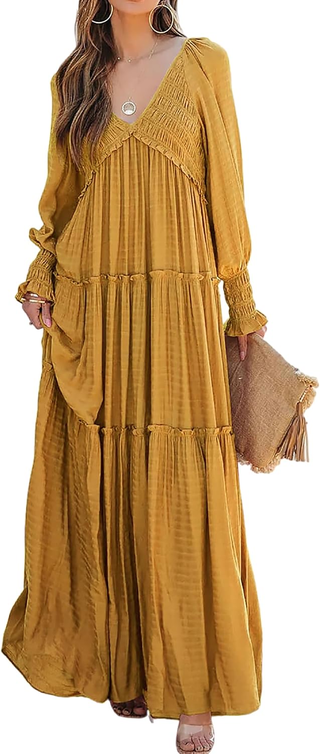 R.Vivimos Long Sleeve V Neck Flowy Maxi Dresses for Women | Lightweight Fabric, Empire Waist, Layered Ruffle Hem, Boho Casual Long Dress, Daily Wear, Beach Vacation Clothes