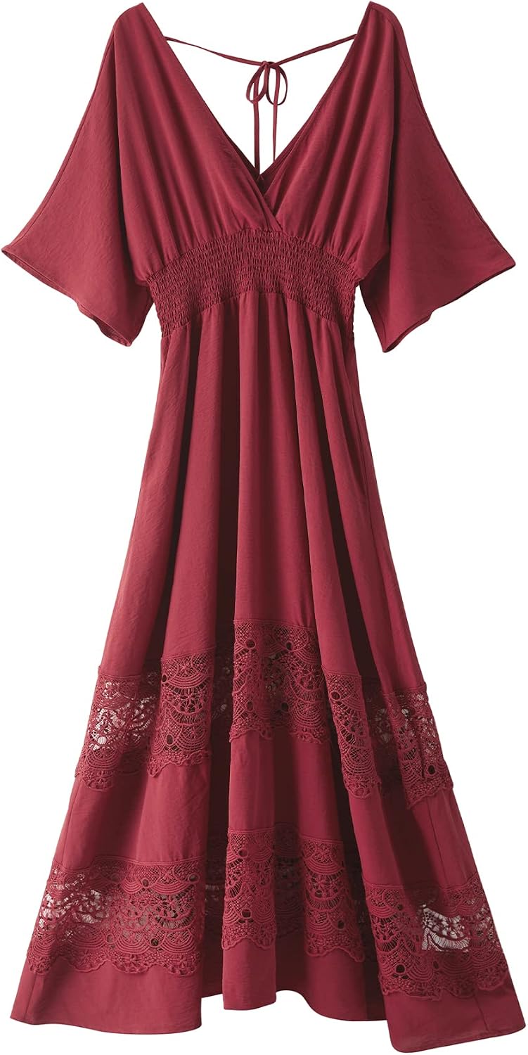 Olaesa Boho Maxi Dress V Neck Short Sleeve Lace Smocked Waist Flowy Dress | Wedding Guest Dress with Pockets, Summer Bohemian Vacation Dress, Elegant Party Dress for Family photo& Baby Shower