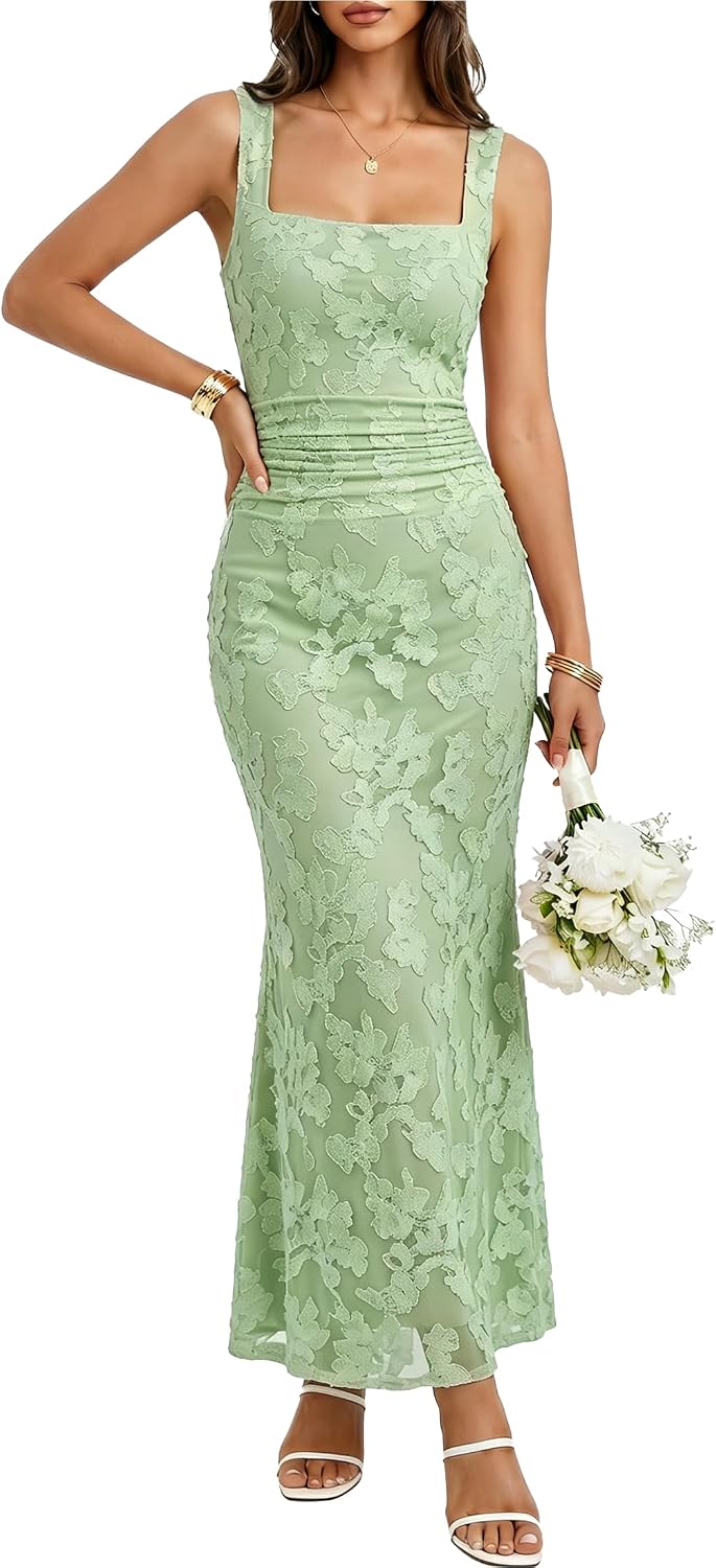 BORIFLORS Women's Bodycon Square Neck Floral Wedding Guest Maxi Dress | Ruched Cocktail Party Homecoming Long Formal Dresses