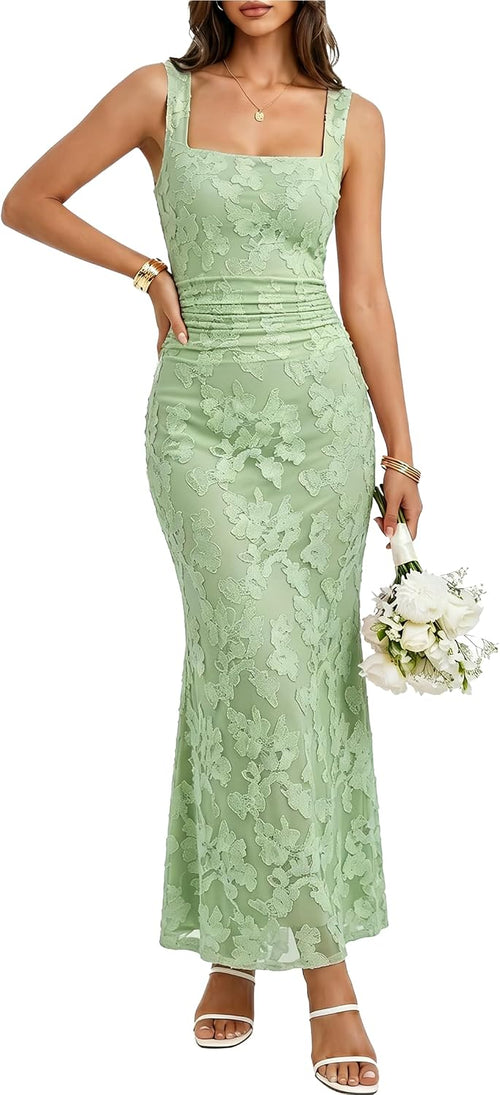 BORIFLORS Women's Bodycon Square Neck Floral Wedding Guest Maxi Dress | Ruched Cocktail Party Homecoming Long Formal Dresses