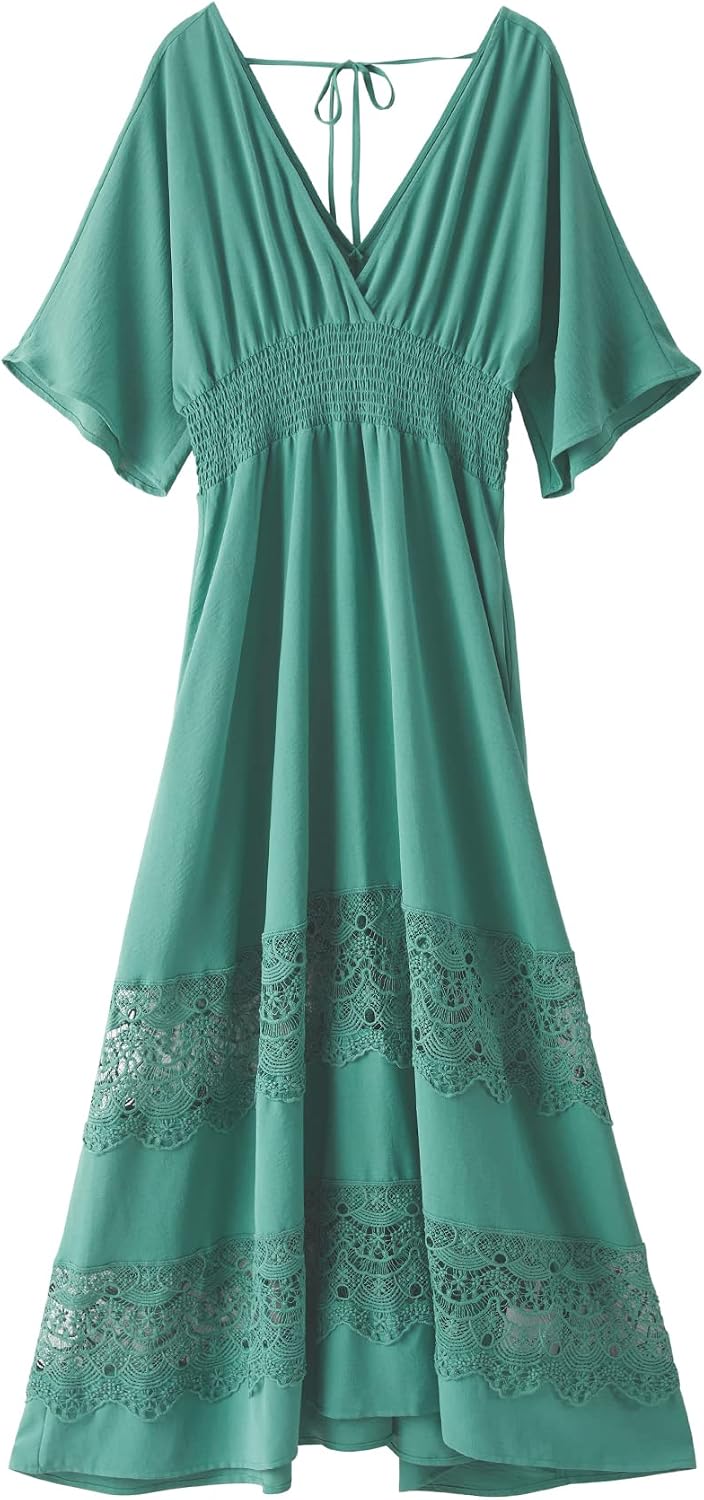 Olaesa Boho Maxi Dress V Neck Short Sleeve Lace Smocked Waist Flowy Dress | Wedding Guest Dress with Pockets, Summer Bohemian Vacation Dress, Elegant Party Dress for Family photo& Baby Shower