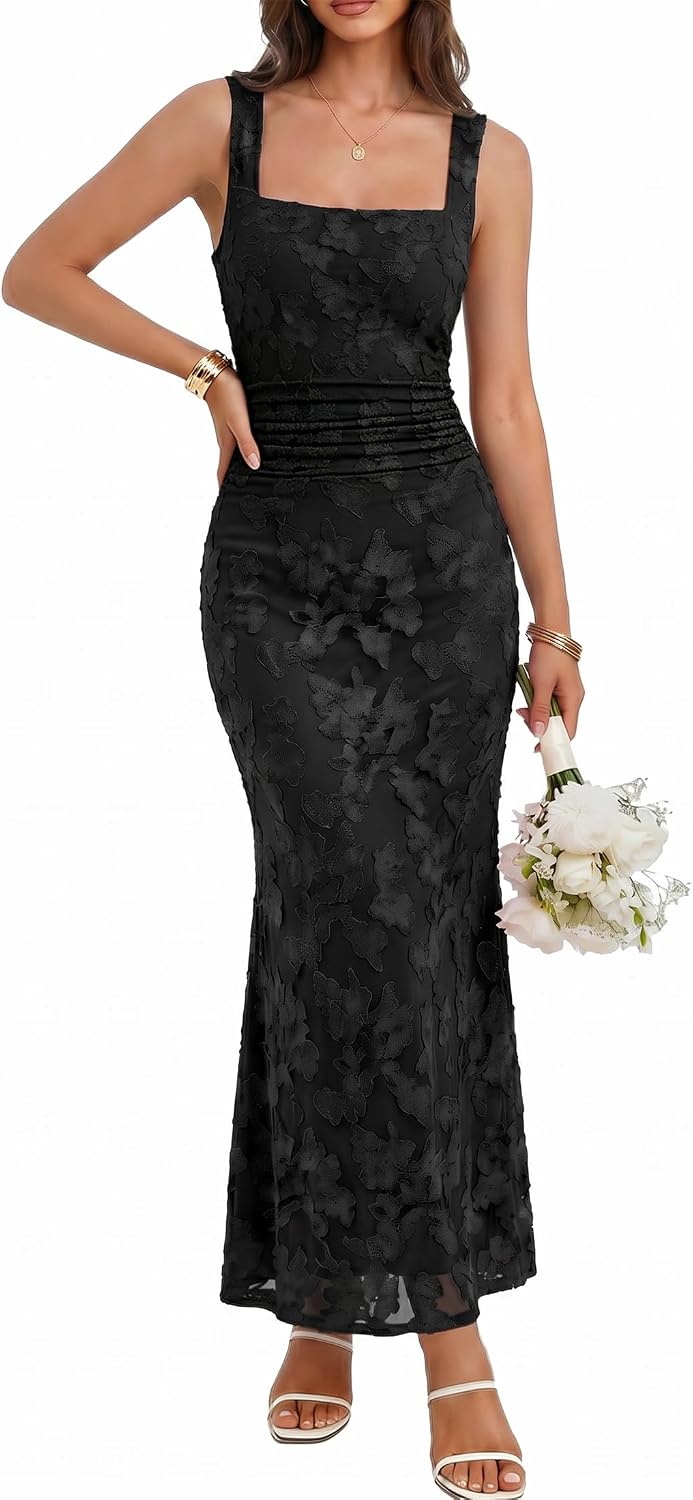 BORIFLORS Women's Bodycon Square Neck Floral Wedding Guest Maxi Dress | Ruched Cocktail Party Homecoming Long Formal Dresses
