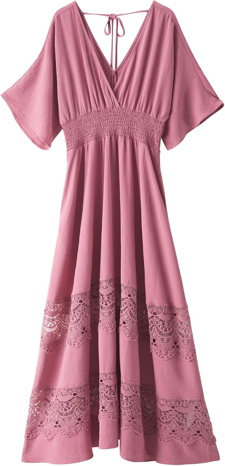 Olaesa Boho Maxi Dress V Neck Short Sleeve Lace Smocked Waist Flowy Dress | Wedding Guest Dress with Pockets, Summer Bohemian Vacation Dress, Elegant Party Dress for Family photo& Baby Shower