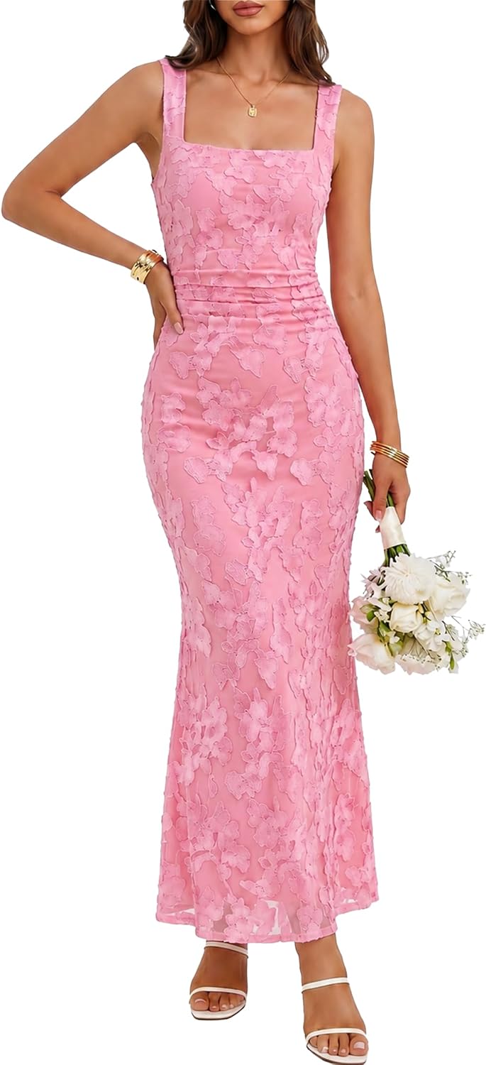 BORIFLORS Women's Bodycon Square Neck Floral Wedding Guest Maxi Dress | Ruched Cocktail Party Homecoming Long Formal Dresses