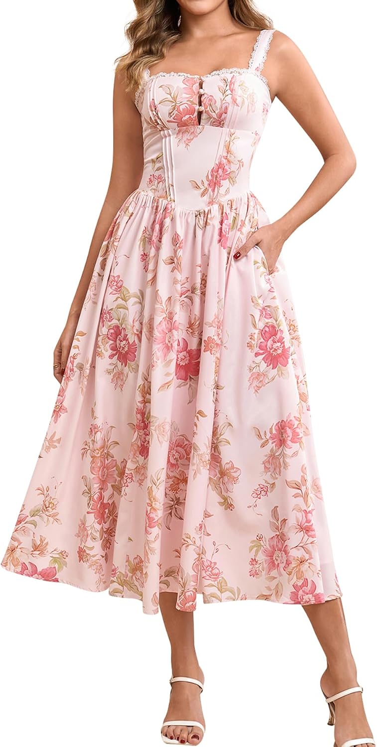 KUTUMAI Women Summer Corset Midi Floral Wedding Guest Dresses with Pockets | Lace Neck, Smocked Back, Flowy A Line Sundress for 2026 Engagement Photoshoot Bridal Shower Garden Party