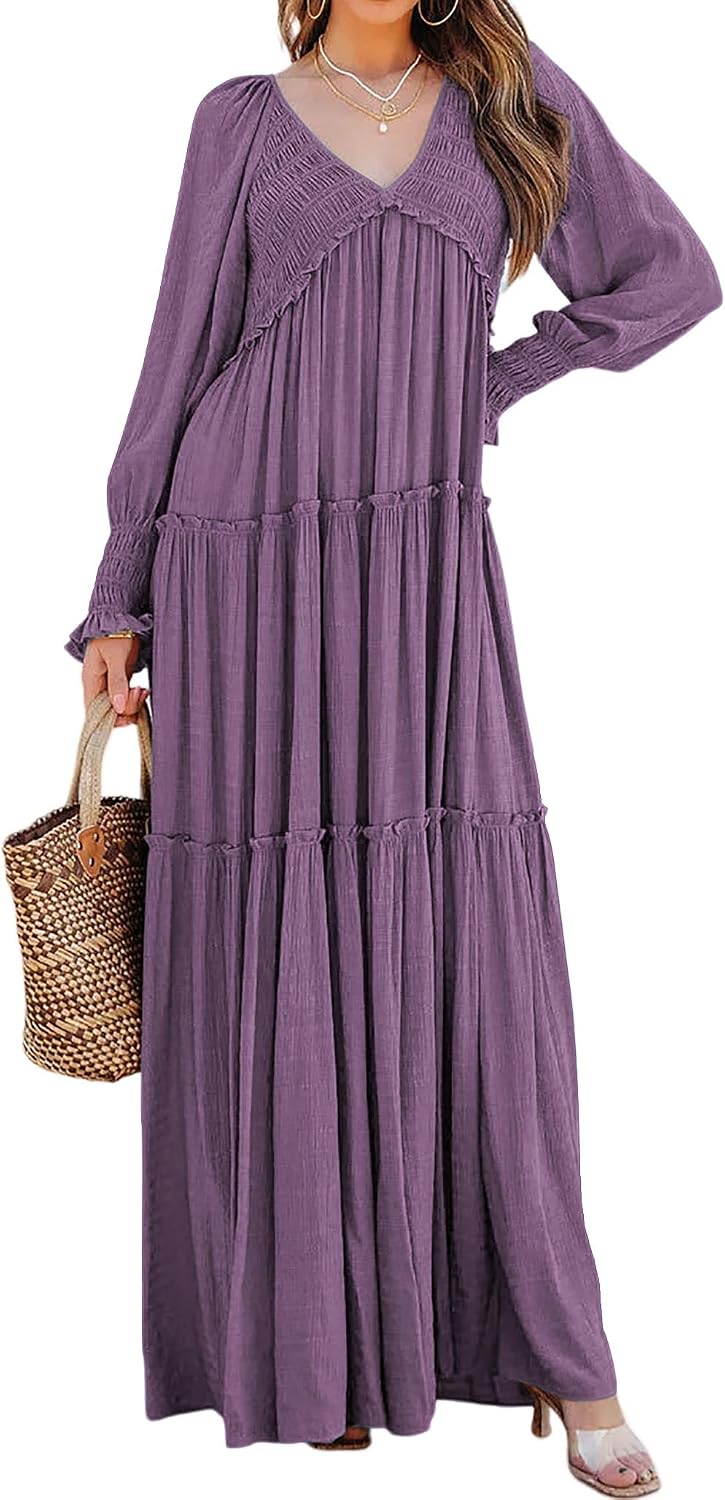 R.Vivimos Long Sleeve V Neck Flowy Maxi Dresses for Women | Lightweight Fabric, Empire Waist, Layered Ruffle Hem, Boho Casual Long Dress, Daily Wear, Beach Vacation Clothes