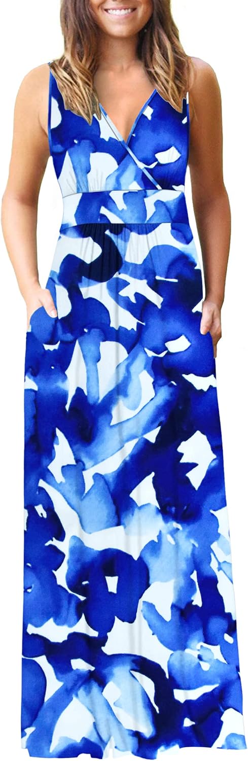 AUSELILY Maxi Dresses for Women Summer Casual Sleeveless V Neck Wrap Dress | Sleeveless Long maxi dress with wrap V neck & side pockets, for formal cocktail, beach & casual daily wear