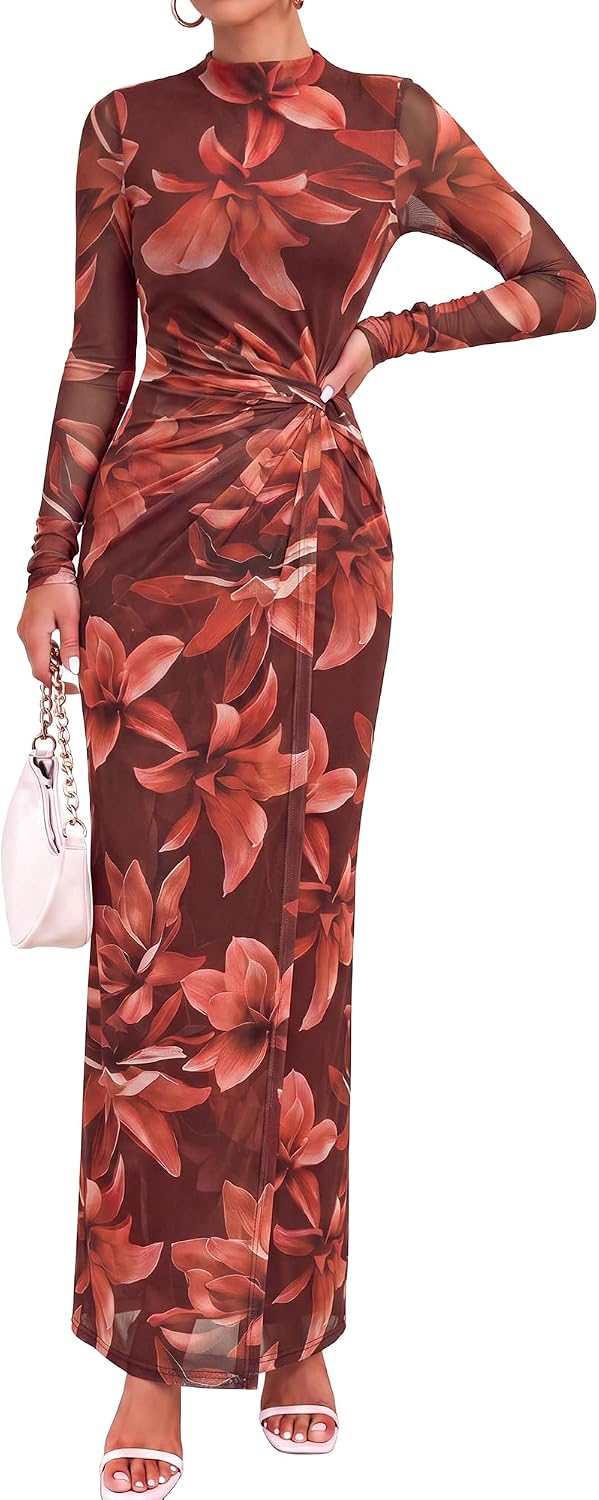 BTFBM Womens Sheer Mesh Maxi Fall Wedding Guest Dress Fashion Clothing 2026 | Mock Neck, Floral, Long Sleeve, Tropical, Ruched, Twist Knot, Wrap Hem, Graduation, Baby Shower, Long Formal Cocktail Dresses