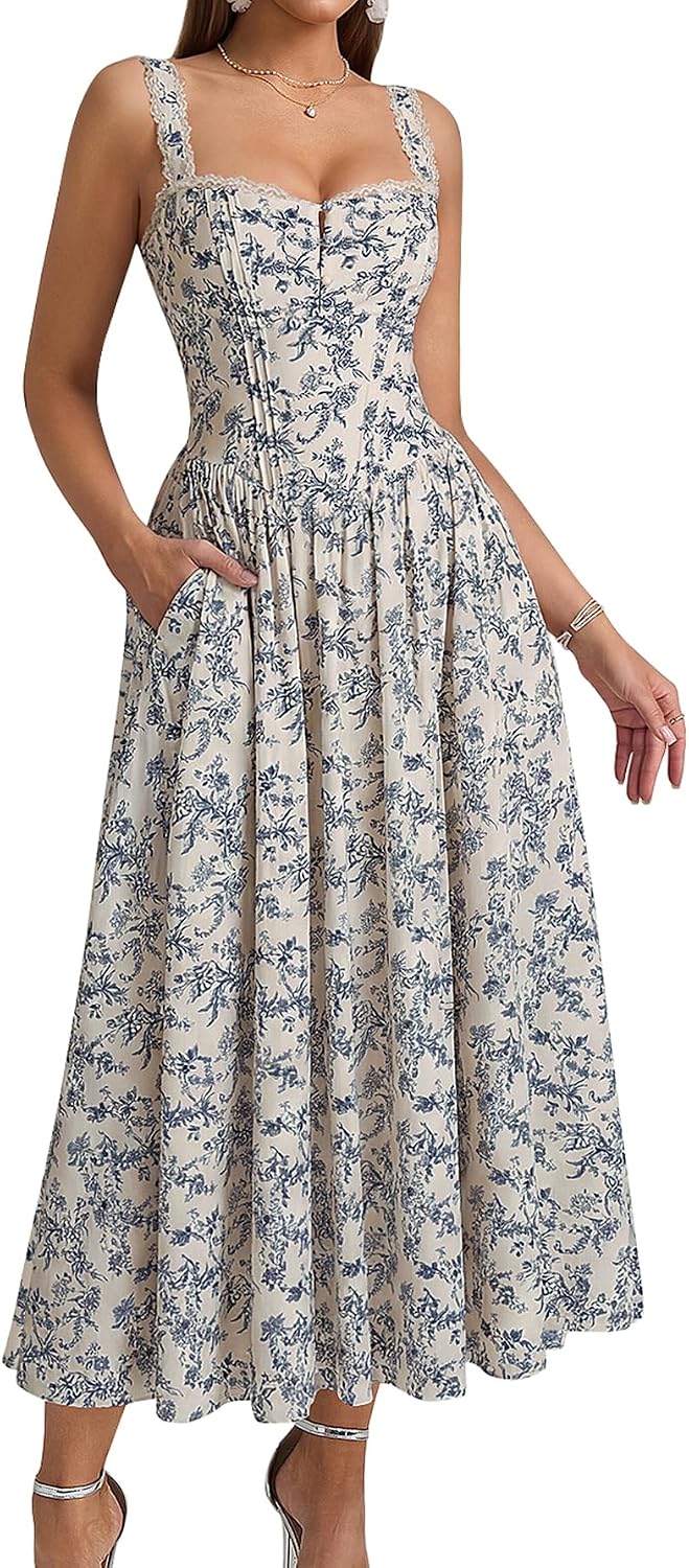 KUTUMAI Women Summer Corset Midi Floral Wedding Guest Dresses with Pockets | Lace Neck, Smocked Back, Flowy A Line Sundress for 2026 Engagement Photoshoot Bridal Shower Garden Party