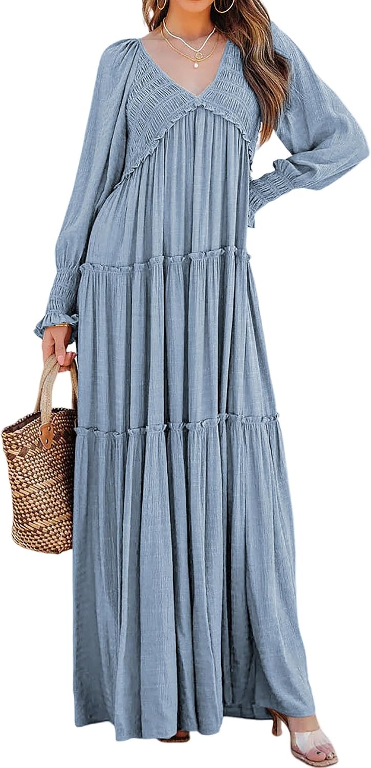 R.Vivimos Long Sleeve V Neck Flowy Maxi Dresses for Women | Lightweight Fabric, Empire Waist, Layered Ruffle Hem, Boho Casual Long Dress, Daily Wear, Beach Vacation Clothes