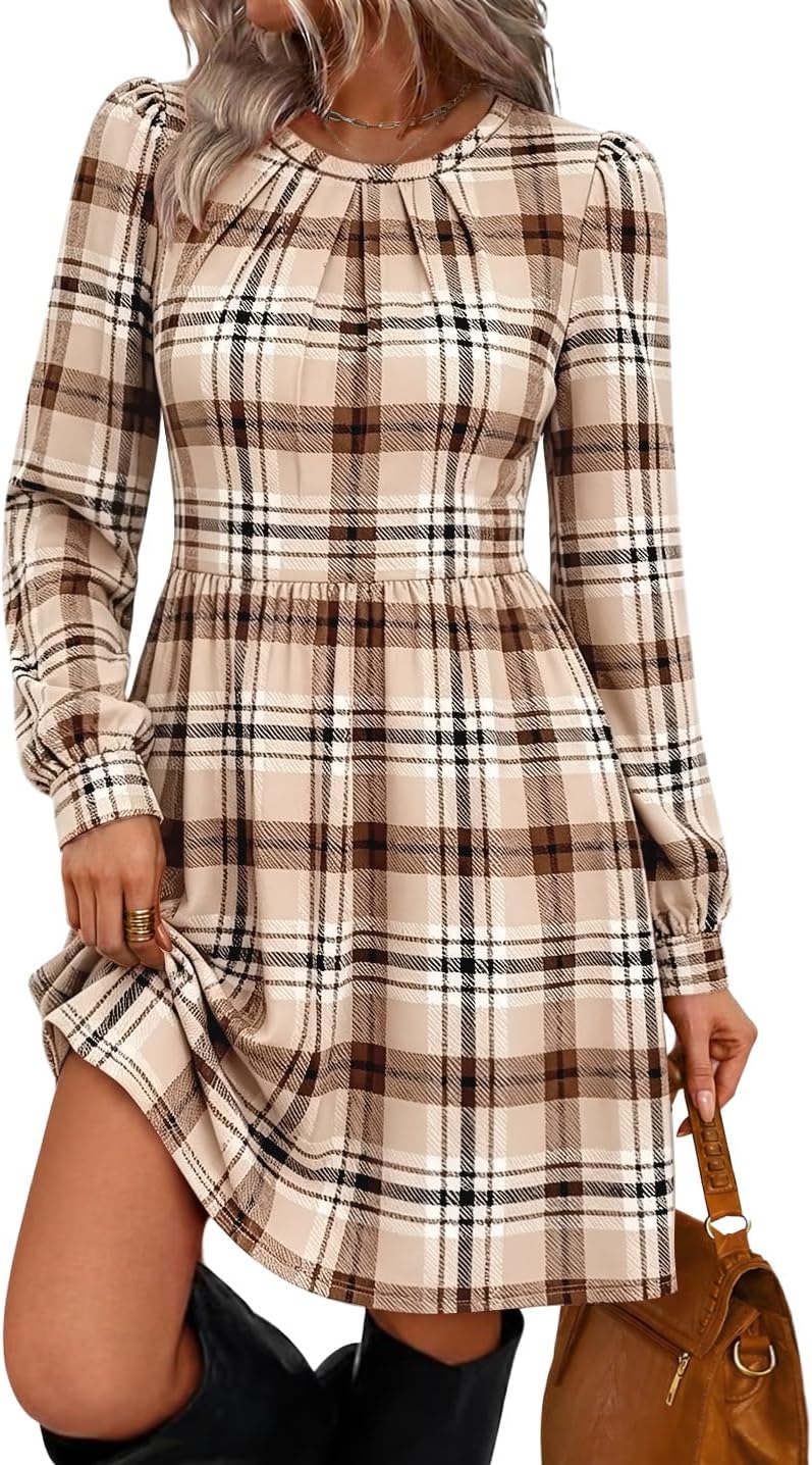 WIHOLL Womens Fall Dresses Long Sleeve Pleated Bust A-Line Pocket Dress | Puff Sleeve,Flattering Fit,Early Fall Fashion,Daily Wear,Business Casual,Front Pleated Detail,Soft Stretch