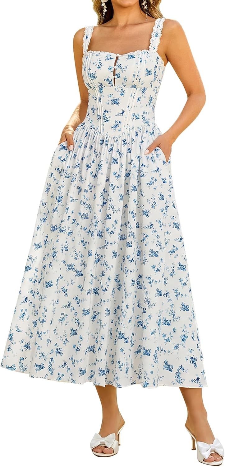 KUTUMAI Women Summer Corset Midi Floral Wedding Guest Dresses with Pockets | Lace Neck, Smocked Back, Flowy A Line Sundress for 2026 Engagement Photoshoot Bridal Shower Garden Party