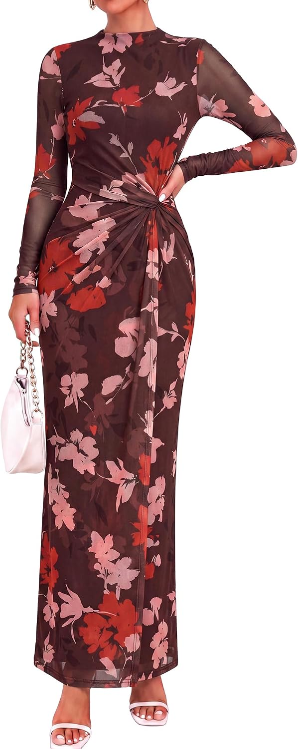 BTFBM Womens Sheer Mesh Maxi Fall Wedding Guest Dress Fashion Clothing 2026 | Mock Neck, Floral, Long Sleeve, Tropical, Ruched, Twist Knot, Wrap Hem, Graduation, Baby Shower, Long Formal Cocktail Dresses
