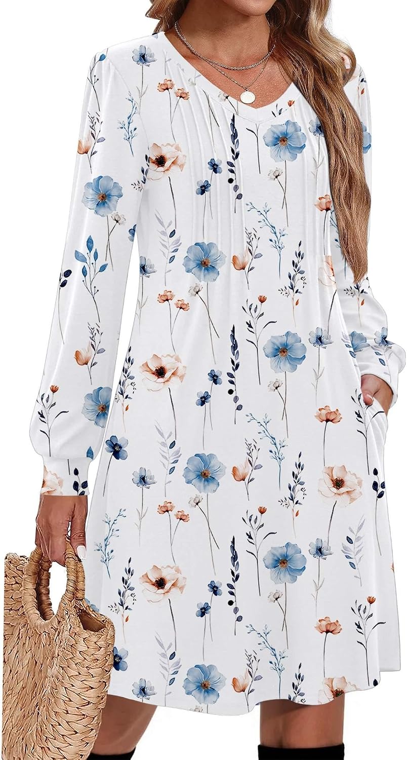 Zeagoo Fall Dresses for Women Long Sleeve Casual Pleated V Neck Dress 2026 A Line Tunic Dress