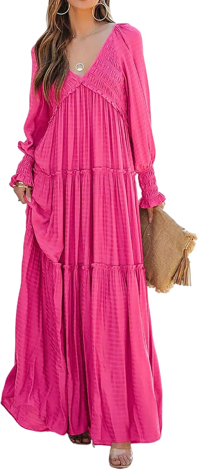 R.Vivimos Long Sleeve V Neck Flowy Maxi Dresses for Women | Lightweight Fabric, Empire Waist, Layered Ruffle Hem, Boho Casual Long Dress, Daily Wear, Beach Vacation Clothes
