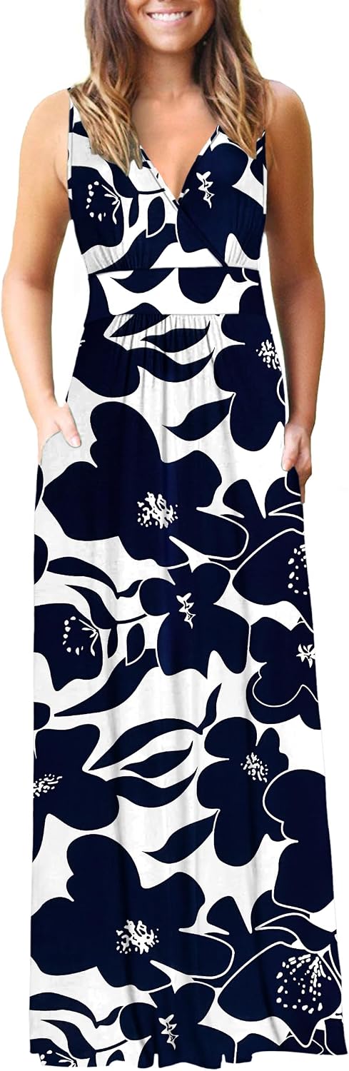 AUSELILY Maxi Dresses for Women Summer Casual Sleeveless V Neck Wrap Dress | Sleeveless Long maxi dress with wrap V neck & side pockets, for formal cocktail, beach & casual daily wear