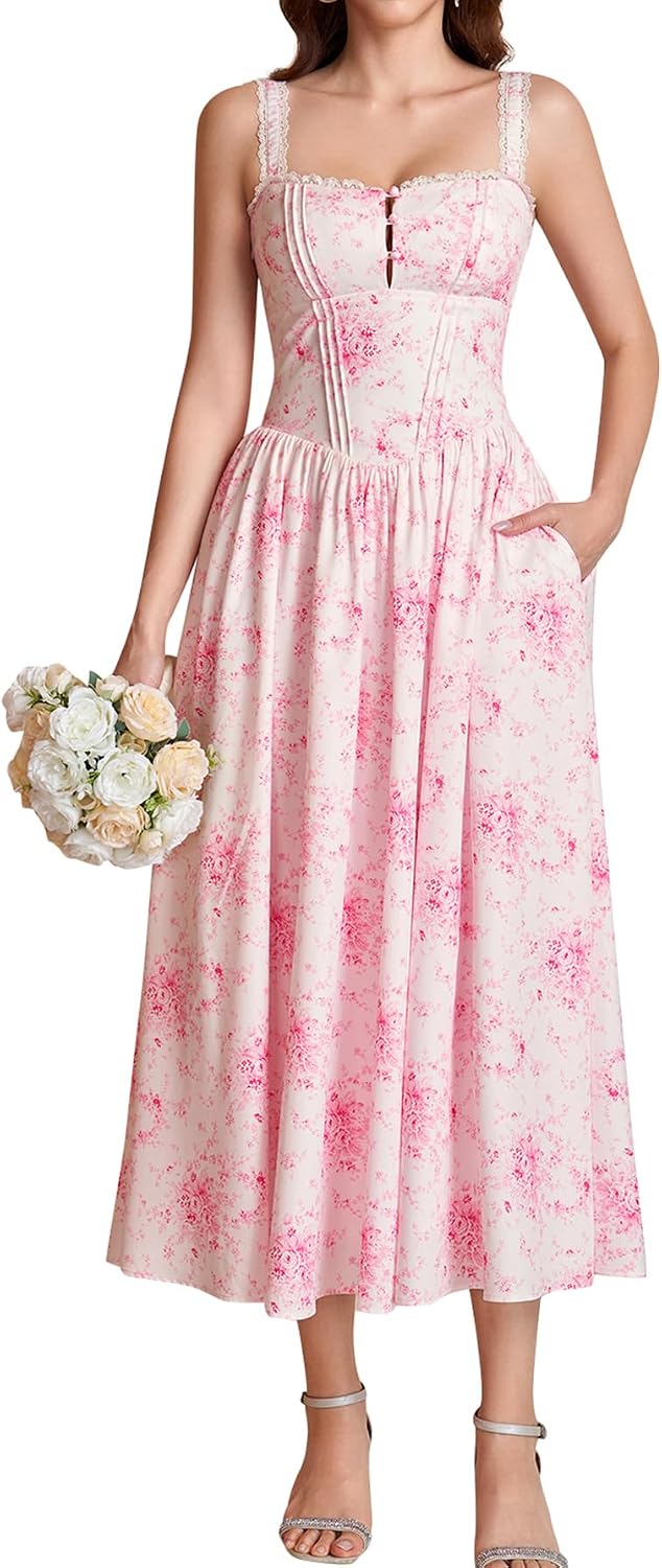 KUTUMAI Women Summer Corset Midi Floral Wedding Guest Dresses with Pockets | Lace Neck, Smocked Back, Flowy A Line Sundress for 2026 Engagement Photoshoot Bridal Shower Garden Party