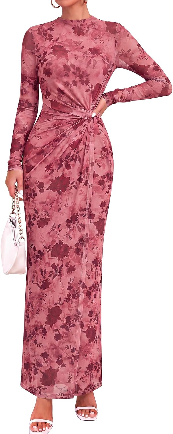 BTFBM Womens Sheer Mesh Maxi Fall Wedding Guest Dress Fashion Clothing 2026 | Mock Neck, Floral, Long Sleeve, Tropical, Ruched, Twist Knot, Wrap Hem, Graduation, Baby Shower, Long Formal Cocktail Dresses