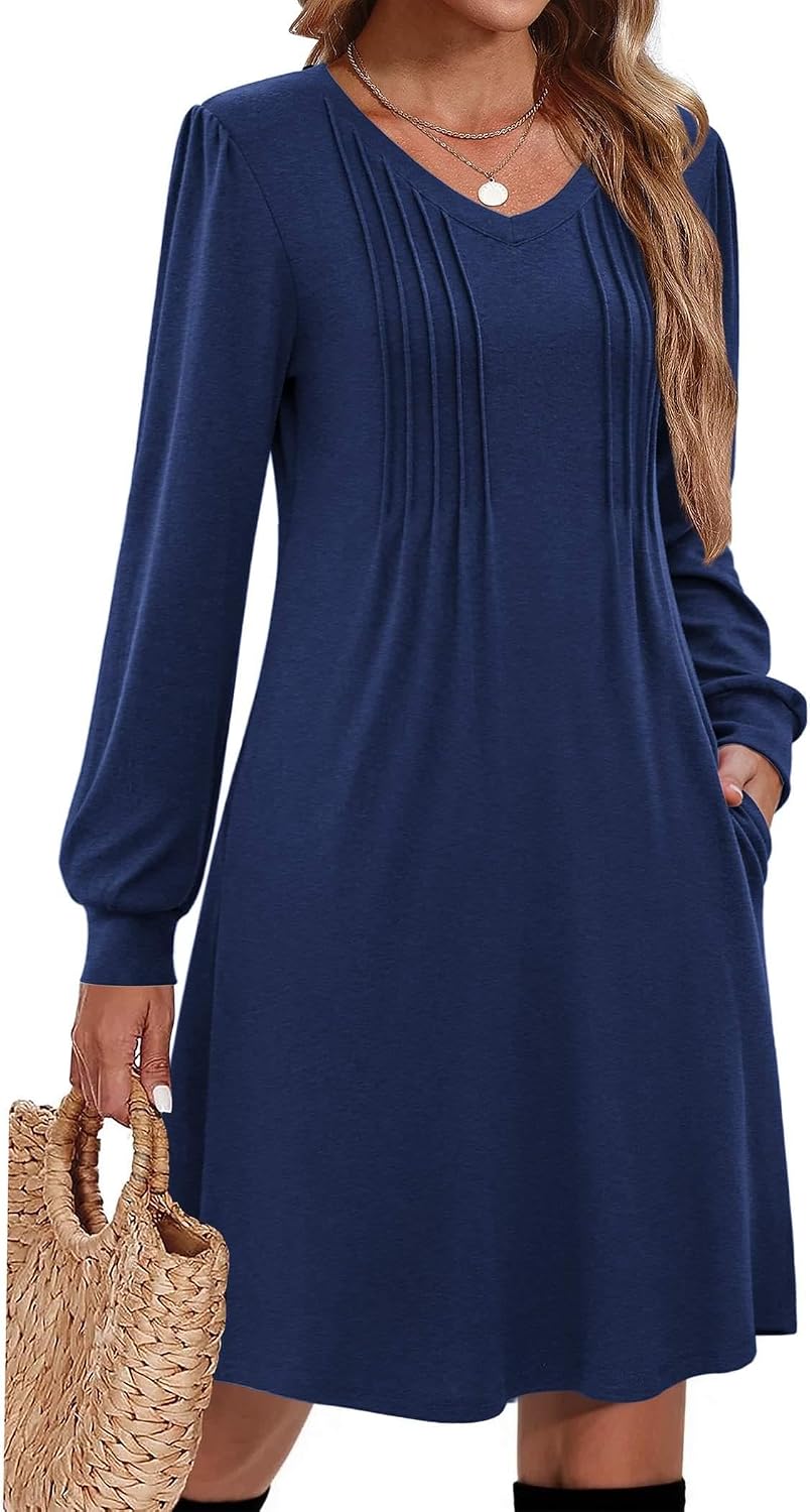 Zeagoo Fall Dresses for Women Long Sleeve Casual Pleated V Neck Dress 2026 A Line Tunic Dress