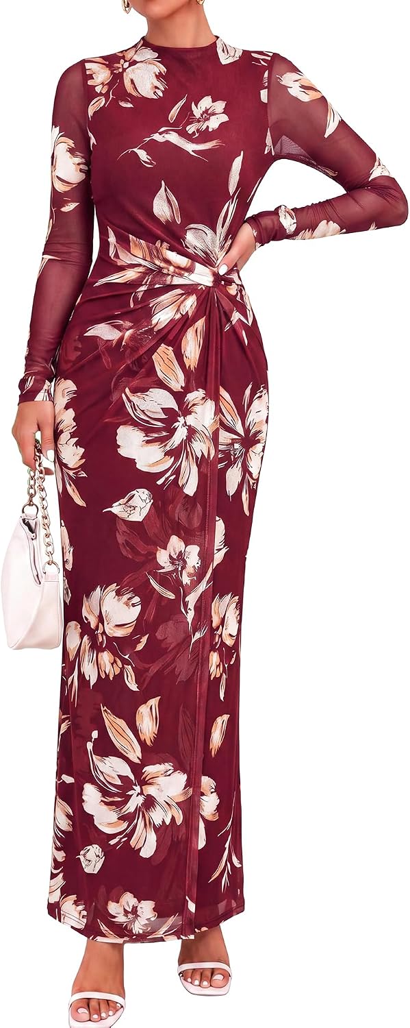 BTFBM Womens Sheer Mesh Maxi Fall Wedding Guest Dress Fashion Clothing 2026 | Mock Neck, Floral, Long Sleeve, Tropical, Ruched, Twist Knot, Wrap Hem, Graduation, Baby Shower, Long Formal Cocktail Dresses