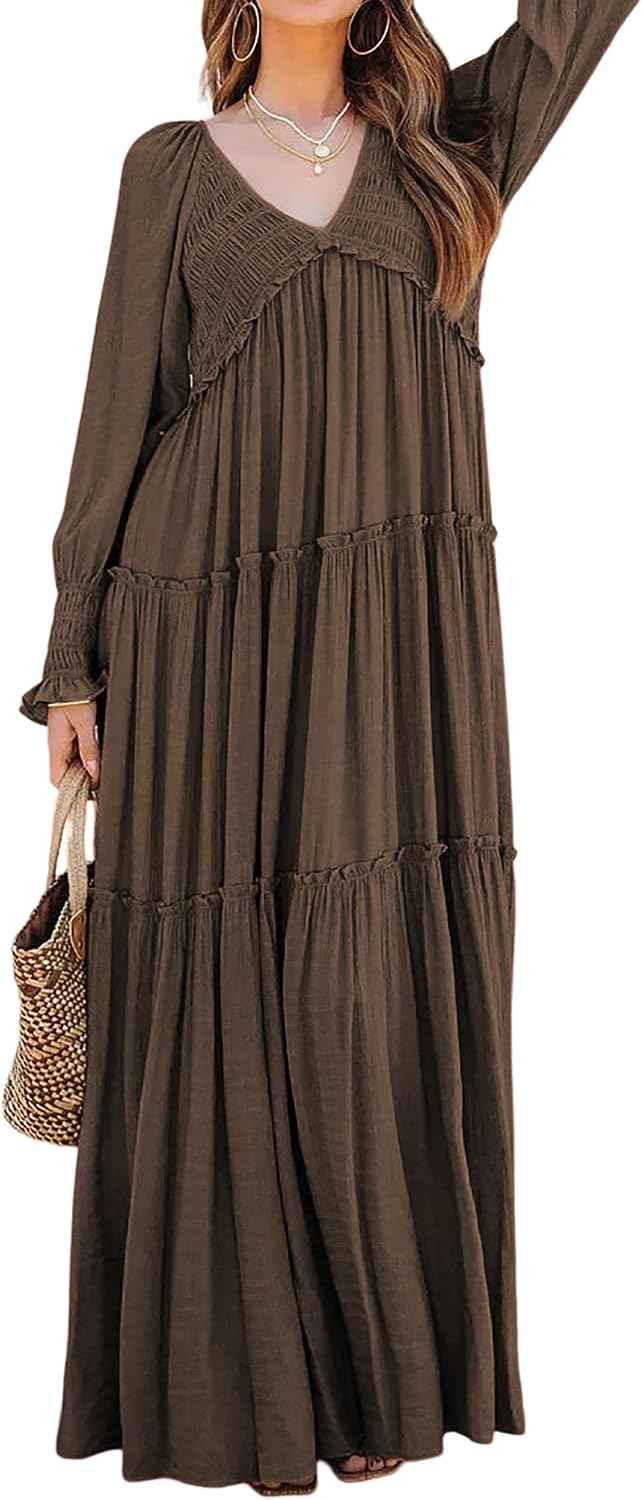 R.Vivimos Long Sleeve V Neck Flowy Maxi Dresses for Women | Lightweight Fabric, Empire Waist, Layered Ruffle Hem, Boho Casual Long Dress, Daily Wear, Beach Vacation Clothes