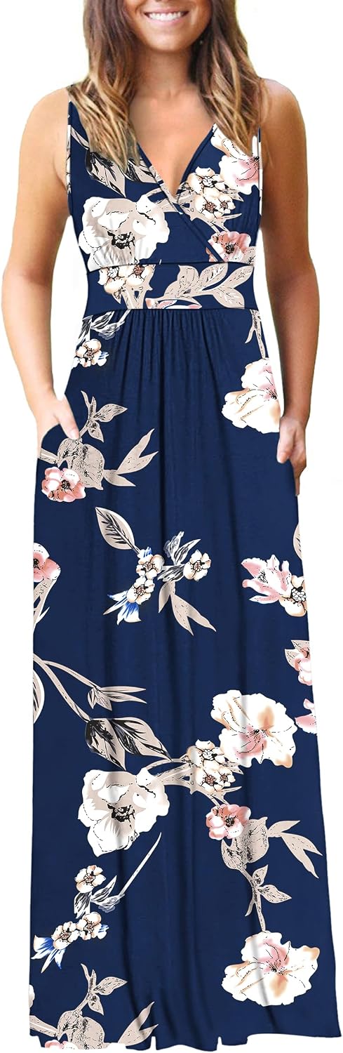 AUSELILY Maxi Dresses for Women Summer Casual Sleeveless V Neck Wrap Dress | Sleeveless Long maxi dress with wrap V neck & side pockets, for formal cocktail, beach & casual daily wear