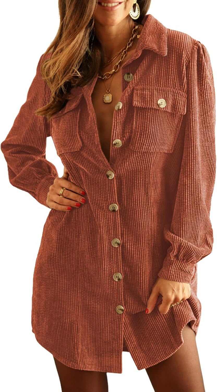 Alaster Queen Women's Corduroy Long Sleeve Button Work Tunic Short Dresses | Lapel V Neck Dress,Corduroy Fabric,Two Patch Pockets and Slant Pockets,Daily Wear,Outdoor,2026 Trendy Fall Winter Clothes