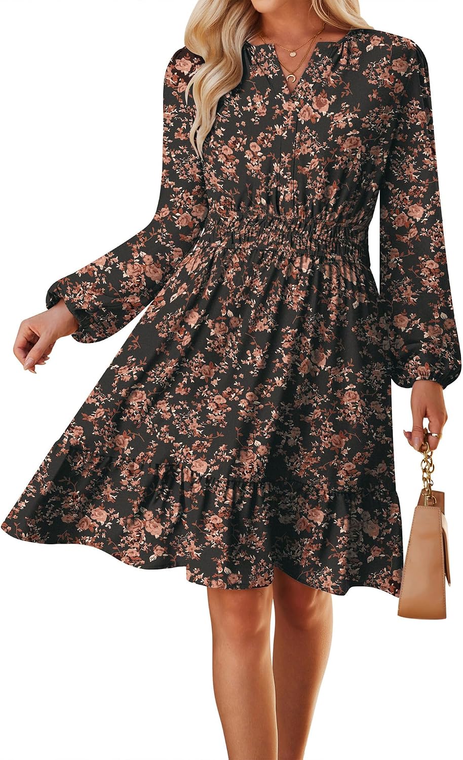 GRACE KARIN Women's V-Neck A-Line Knee Length Dress with Pockets | Smocked Waist for Tummy Control, Breathable Opaque Fabric, Hidden Side Pockets, Versatile for Work\/Weddings