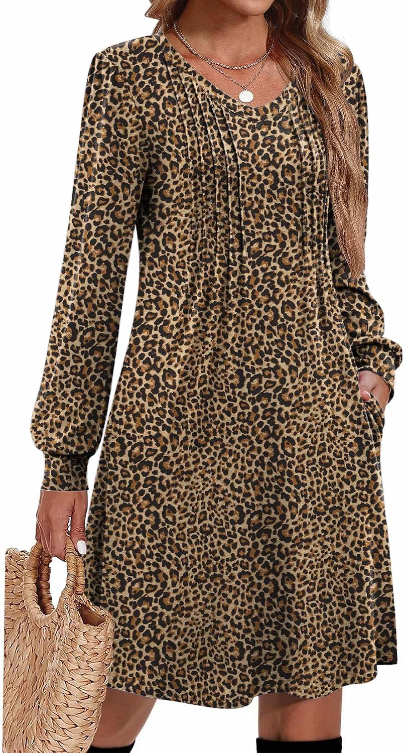 Zeagoo Fall Dresses for Women Long Sleeve Casual Pleated V Neck Dress 2026 A Line Tunic Dress