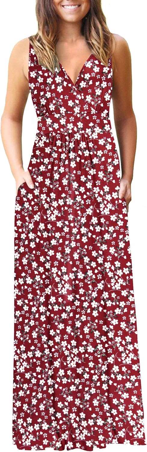 AUSELILY Maxi Dresses for Women Summer Casual Sleeveless V Neck Wrap Dress | Sleeveless Long maxi dress with wrap V neck & side pockets, for formal cocktail, beach & casual daily wear