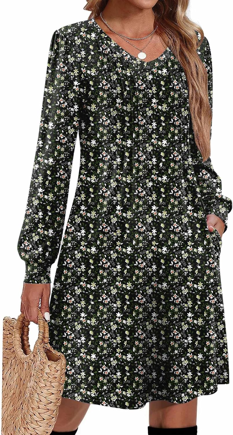 Zeagoo Fall Dresses for Women Long Sleeve Casual Pleated V Neck Dress 2026 A Line Tunic Dress