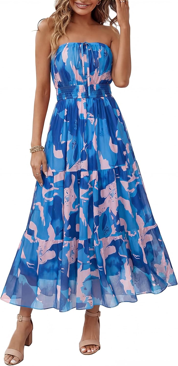 Simplee Women's Summer Maxi Dresses 2026 Elegant Strapless Boho Floral Mesh Vacation Beach Dress Wedding Guest Dresses