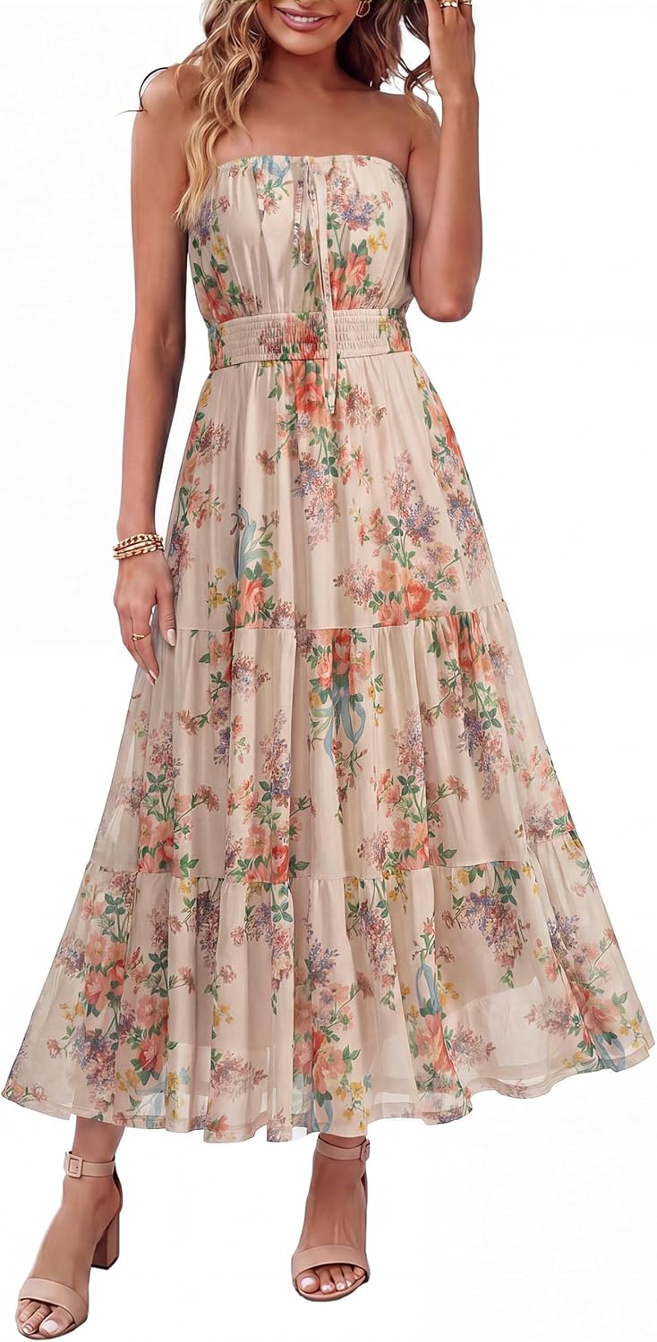 Simplee Women's Summer Maxi Dresses 2026 Elegant Strapless Boho Floral Mesh Vacation Beach Dress Wedding Guest Dresses