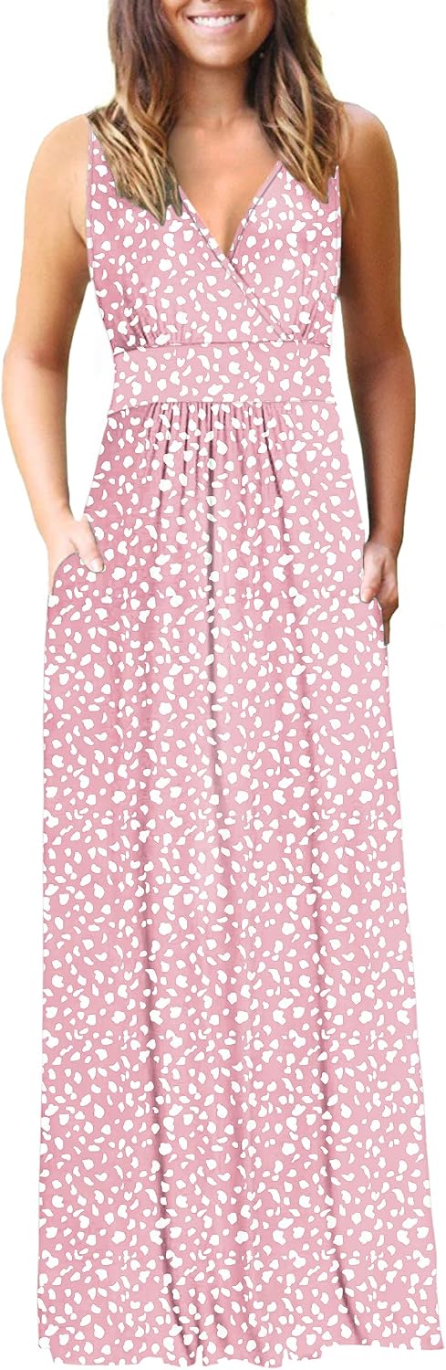 AUSELILY Maxi Dresses for Women Summer Casual Sleeveless V Neck Wrap Dress | Sleeveless Long maxi dress with wrap V neck & side pockets, for formal cocktail, beach & casual daily wear
